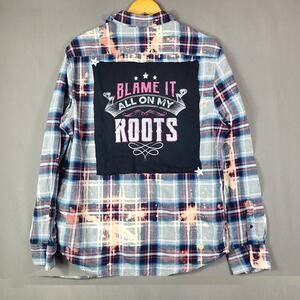 Upcycled OOAK Flannel Blue Plaid Bleached Country Western Cowgirl Rodeo Size L